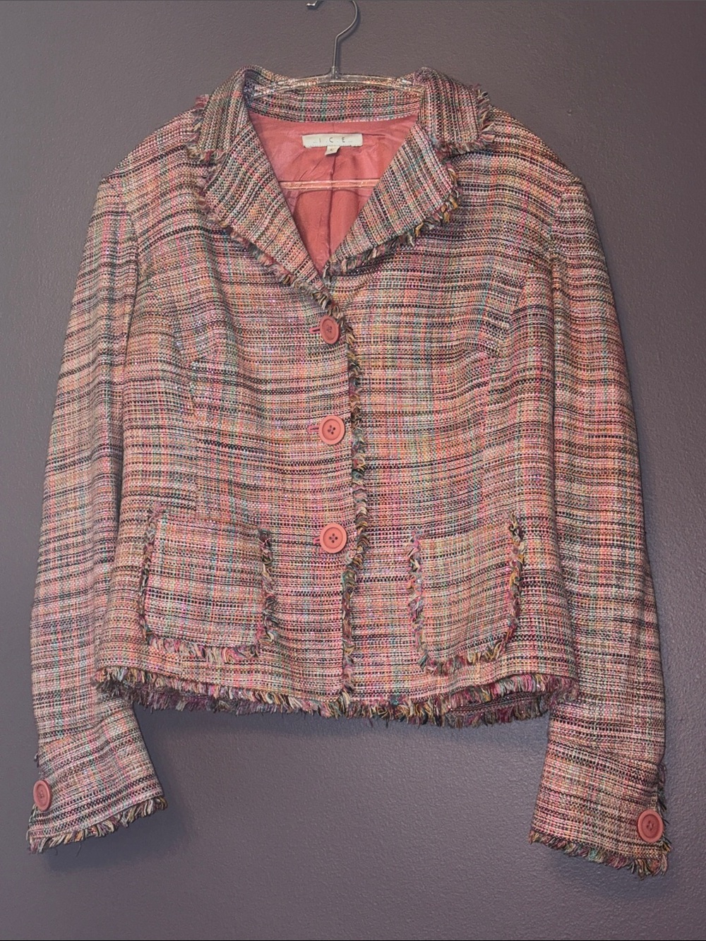 Chanel Vibes Gorgeous Silk Blend Pink Fringed Tweed Blazer Large